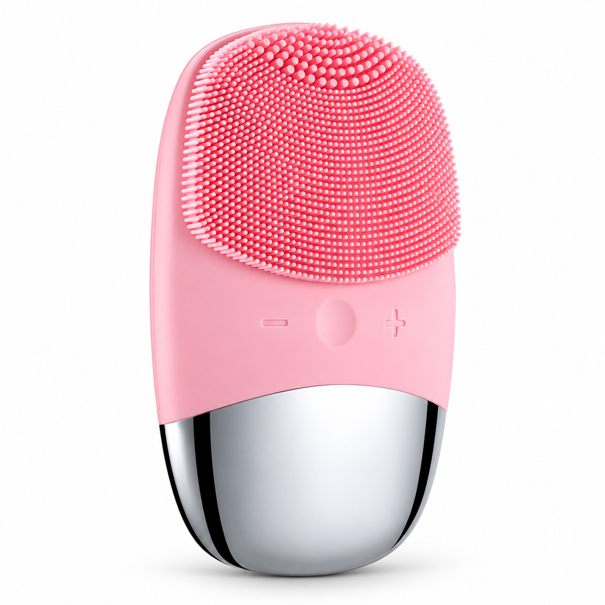 Pink rechargeable silicone facial cleansing brush with soft bristles and silver base on a white background