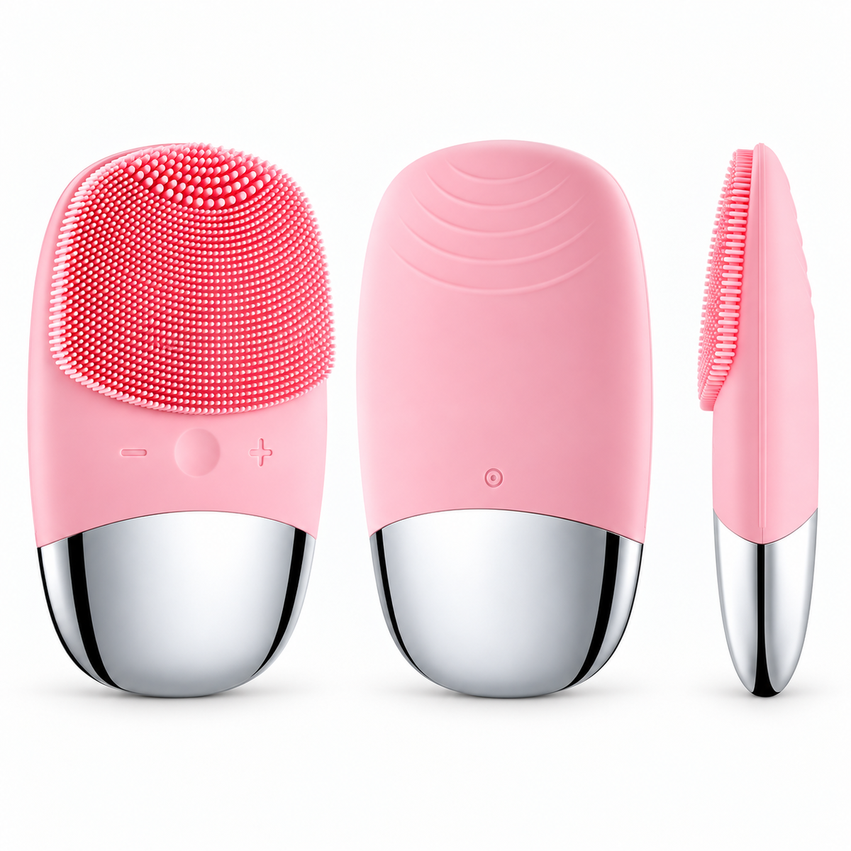 Pink electric facial cleansing brush shown from the front, back and side