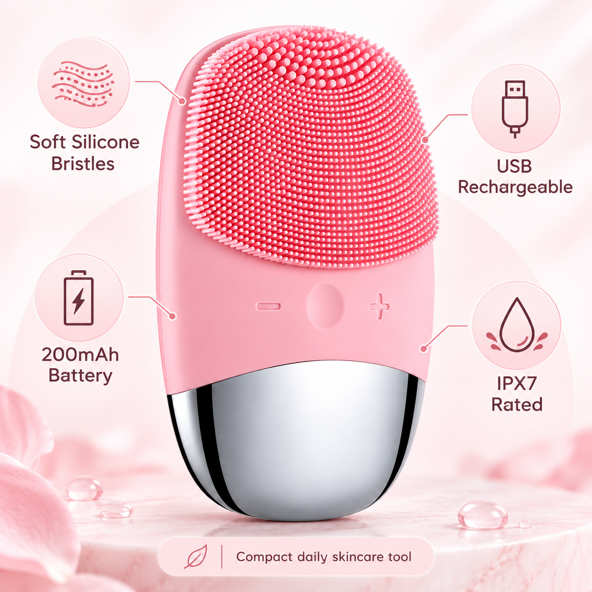 Rechargeable silicone facial cleansing brush with soft bristles, USB charging and 200mAh battery