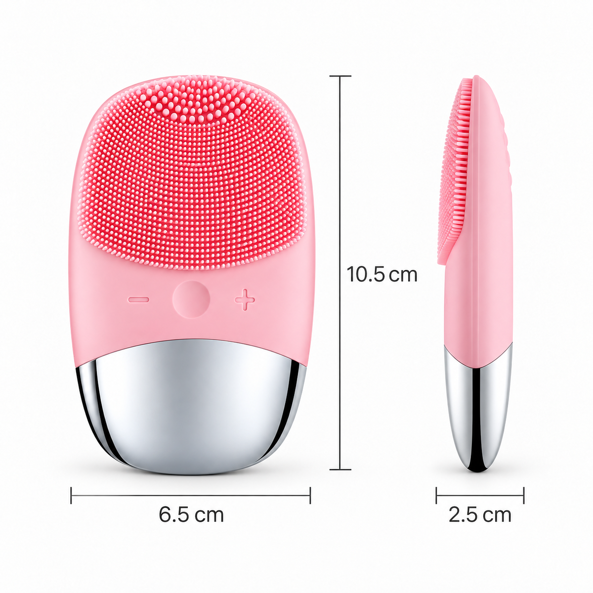 Compact pink facial cleansing brush measuring 10.5 cm tall, 6.5 cm wide and 2.5 cm deep