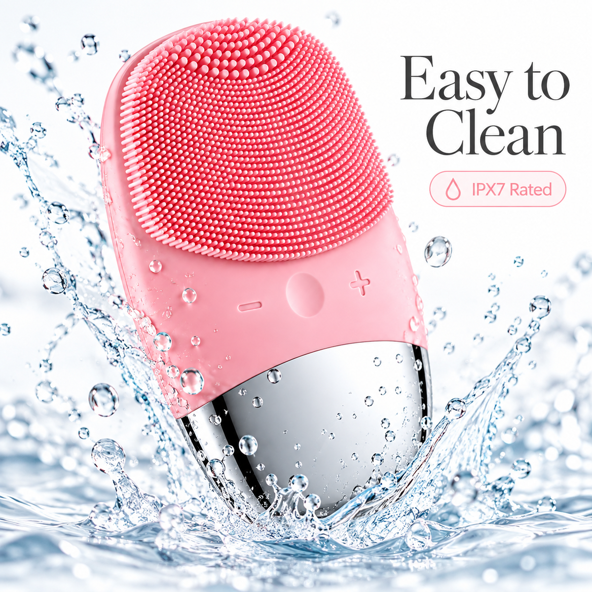 Pink silicone facial cleansing brush shown with water splashes, highlighting its manufacturer-stated IPX7 rating