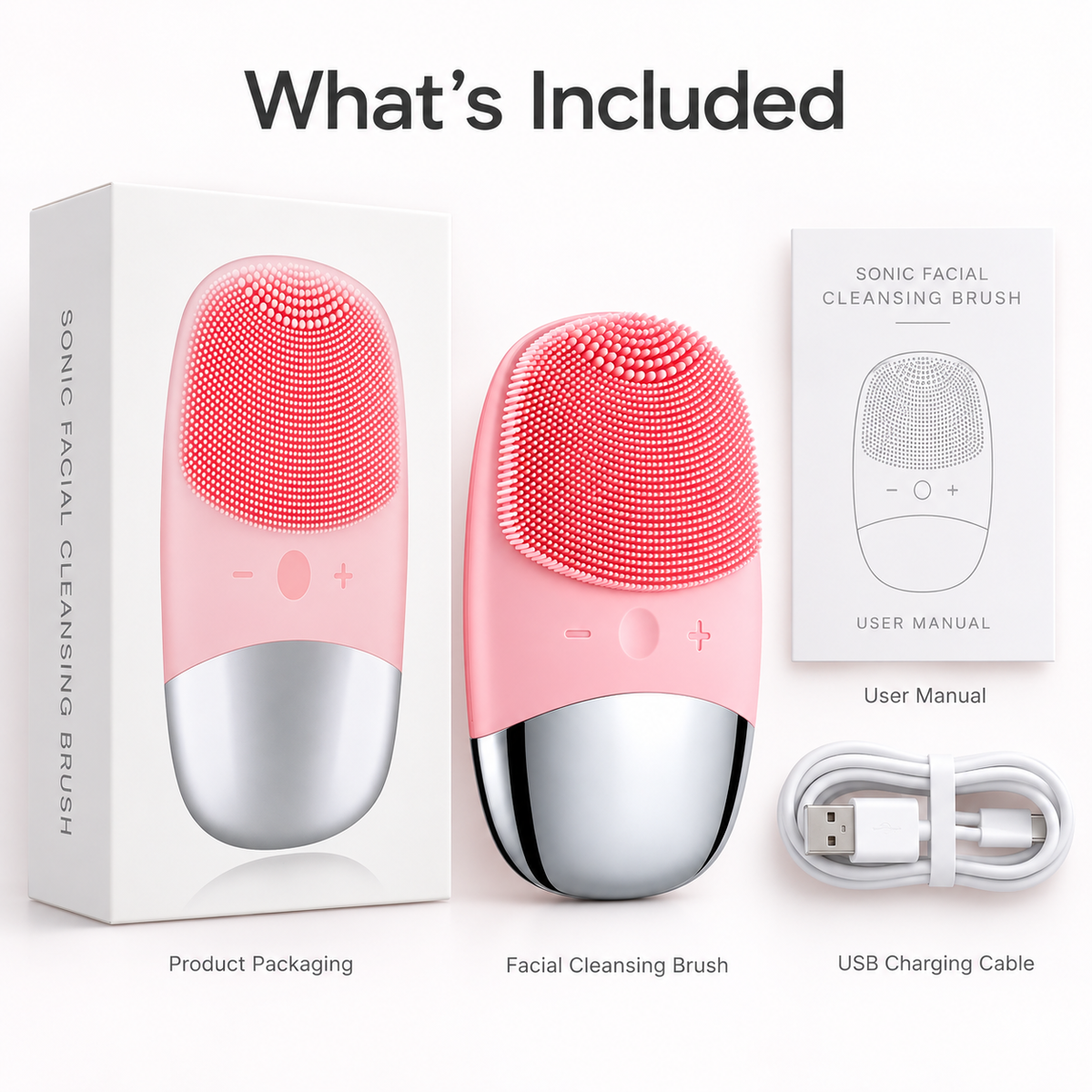 Pink facial cleansing brush with its product packaging, USB charging cable and user manual