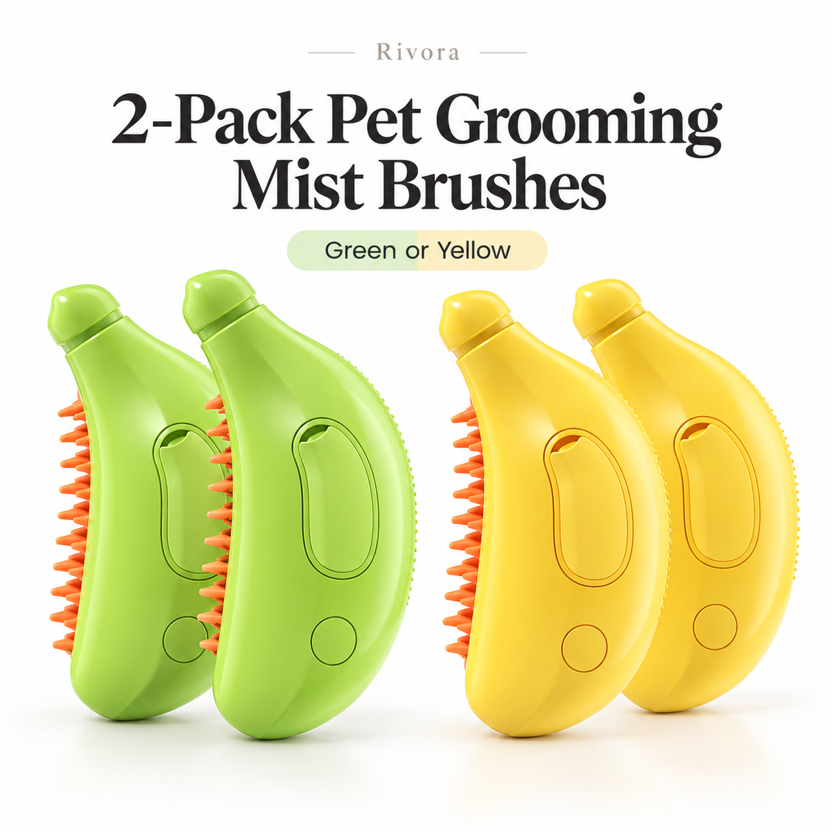 Green and yellow pet grooming mist brushes showing two matching brushes per color option