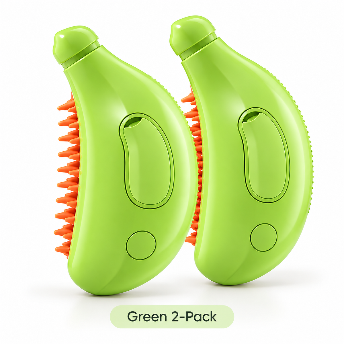 Two green rechargeable pet grooming mist brushes with orange comb bristles