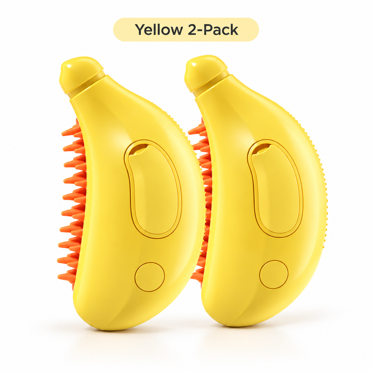Two yellow rechargeable pet grooming mist brushes with orange comb bristles