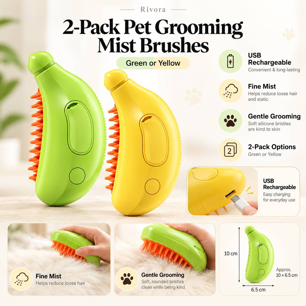 Rivora 2-pack pet grooming mist brushes in green and yellow with USB rechargeable features