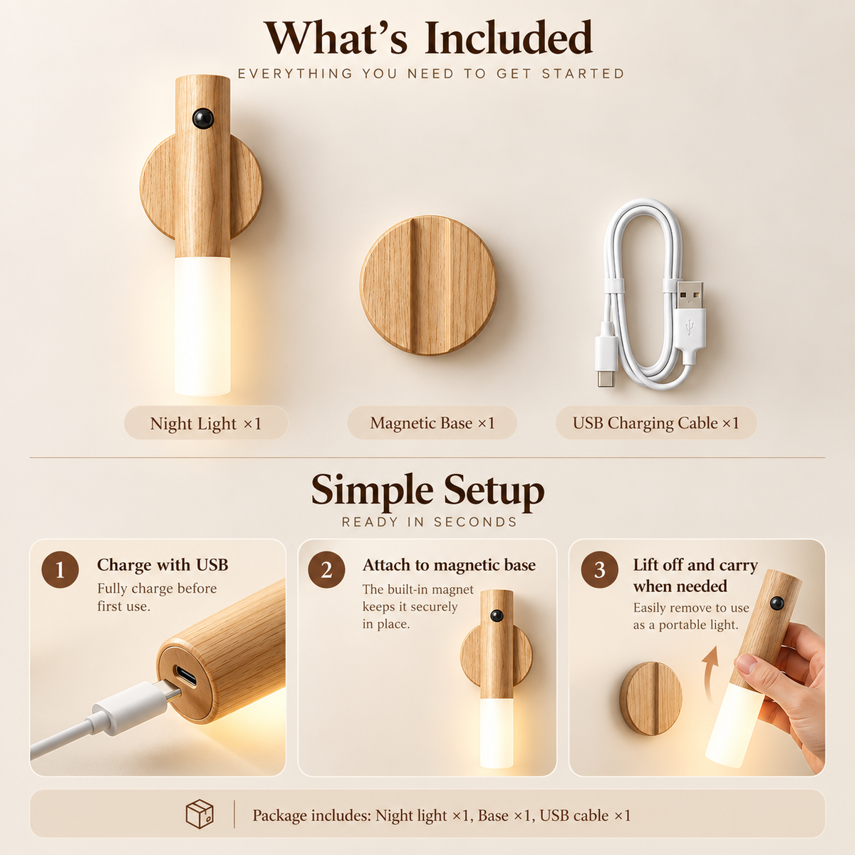 Rivora motion sensor night light in walnut finish