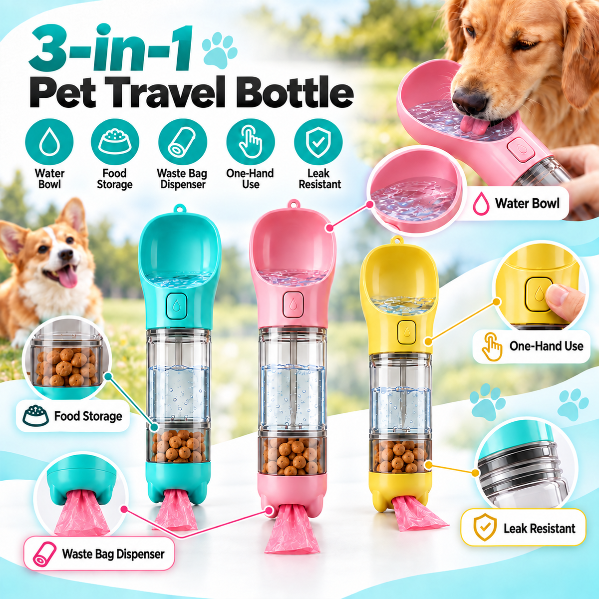 Rivora dog travel water bottle with treat container and waste bag storage